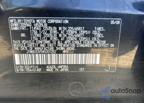 2008 Toyota Rav4 из США, поврежденный, VIN JTMBD33V585201252